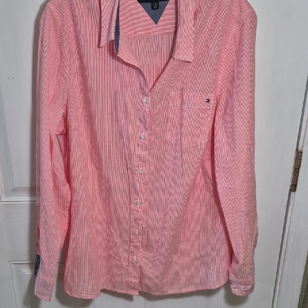 Tommy Hilfiger Women's Coral Striped Button Down Shirt